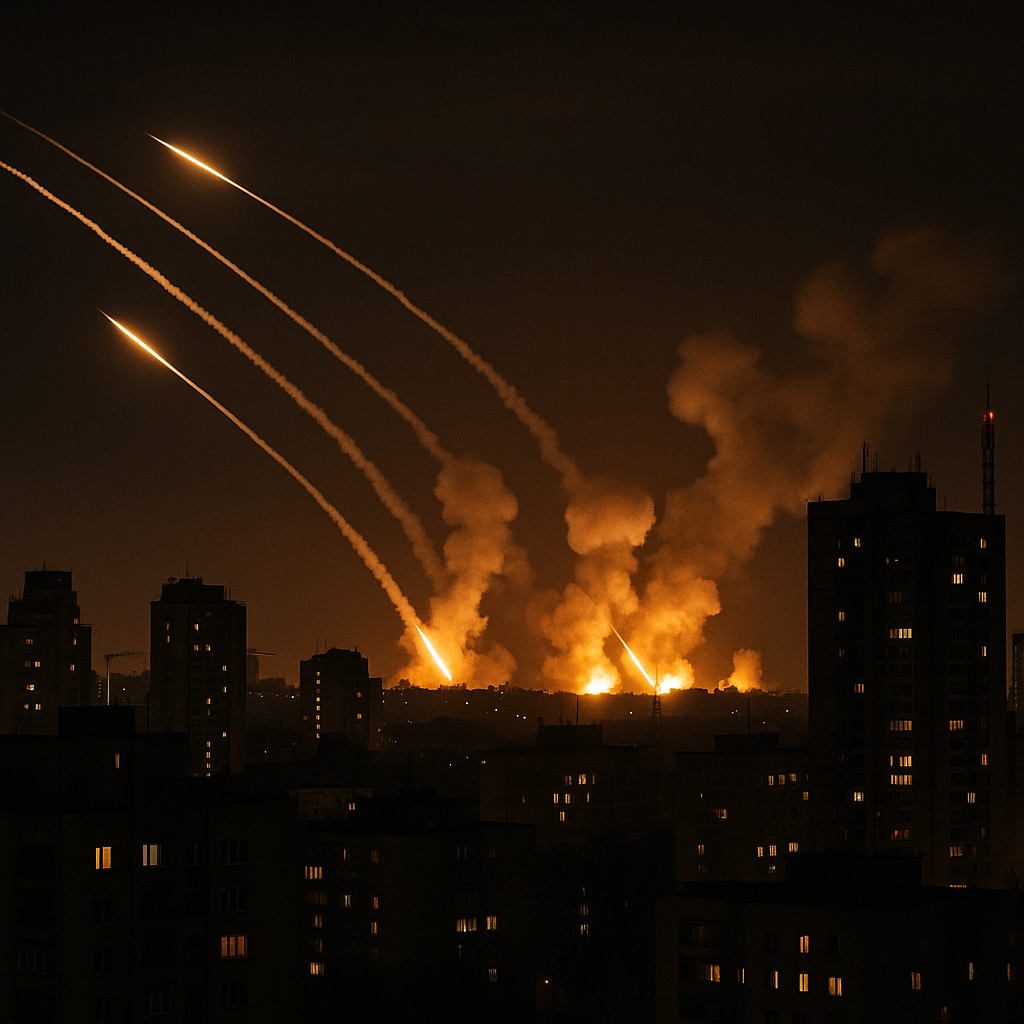 City of Kyiv skyline at night with missile flashes in the distance