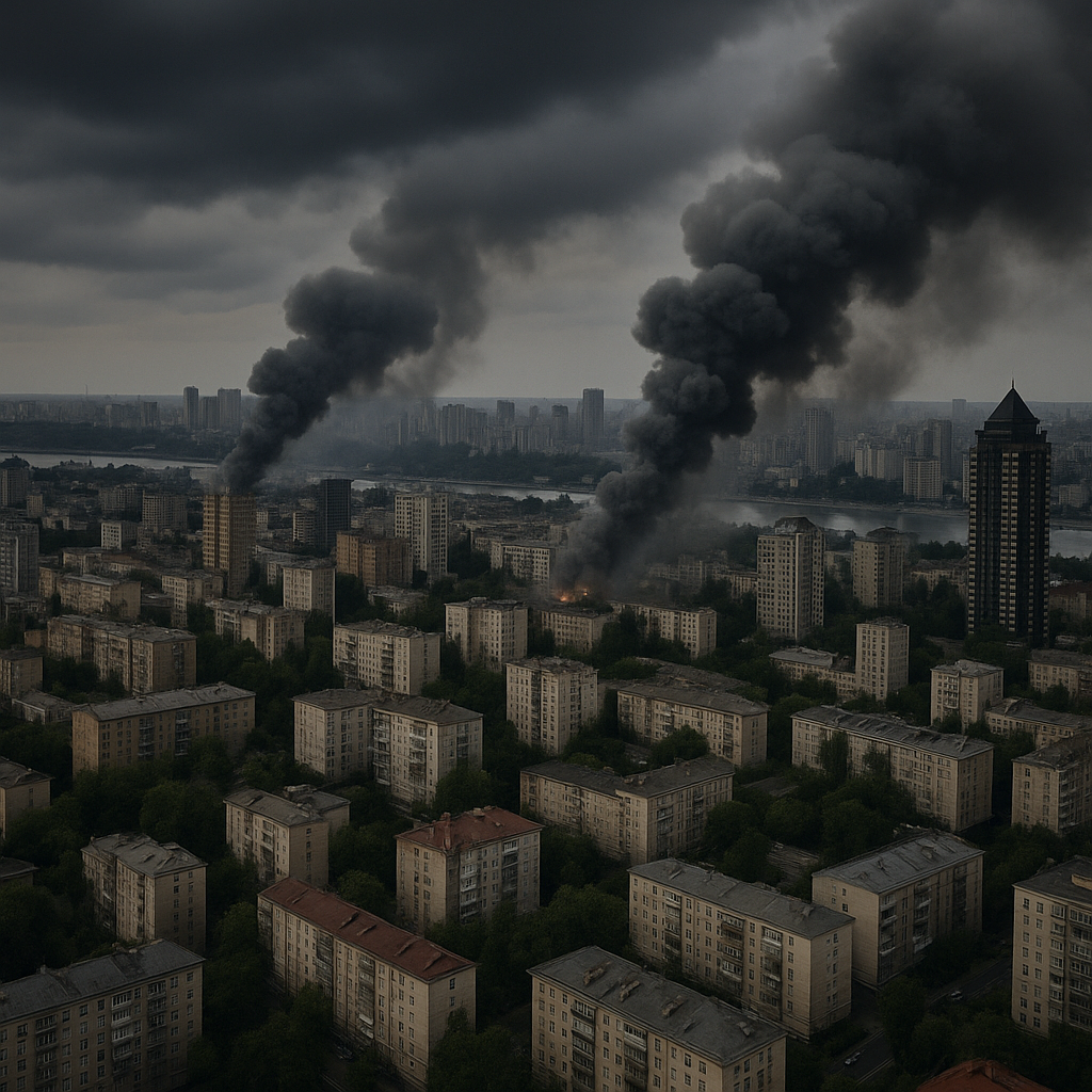 Aerial view of Kyiv's central district with smoke rising from a distant explosion