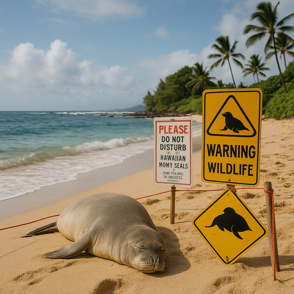 A serene Hawaiian beach with a monk seal resting on the sand, surrounded by warning signs about wildlife protection