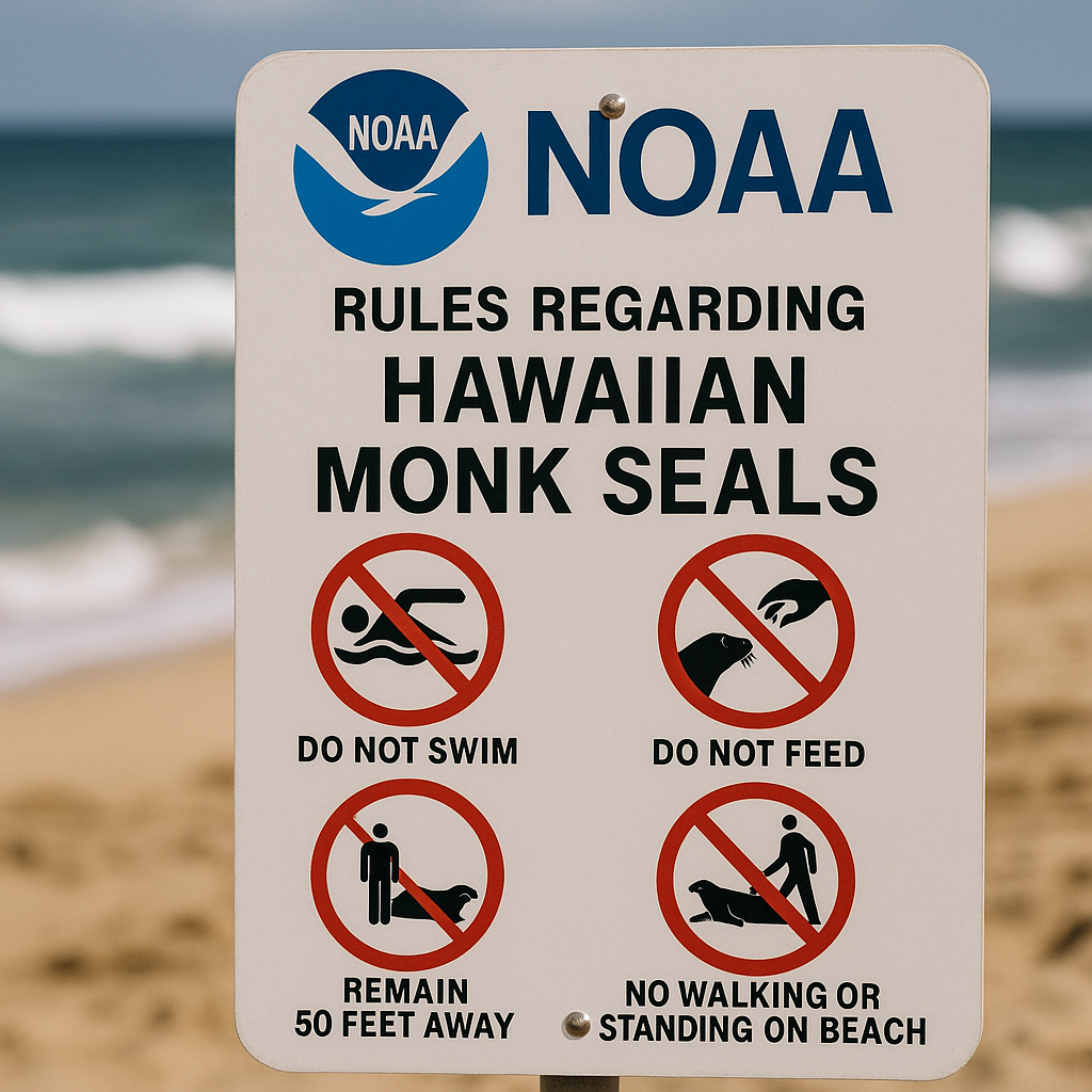 Close-up of a NOAA sign displaying rules for Hawaiian wildlife and prohibited activities