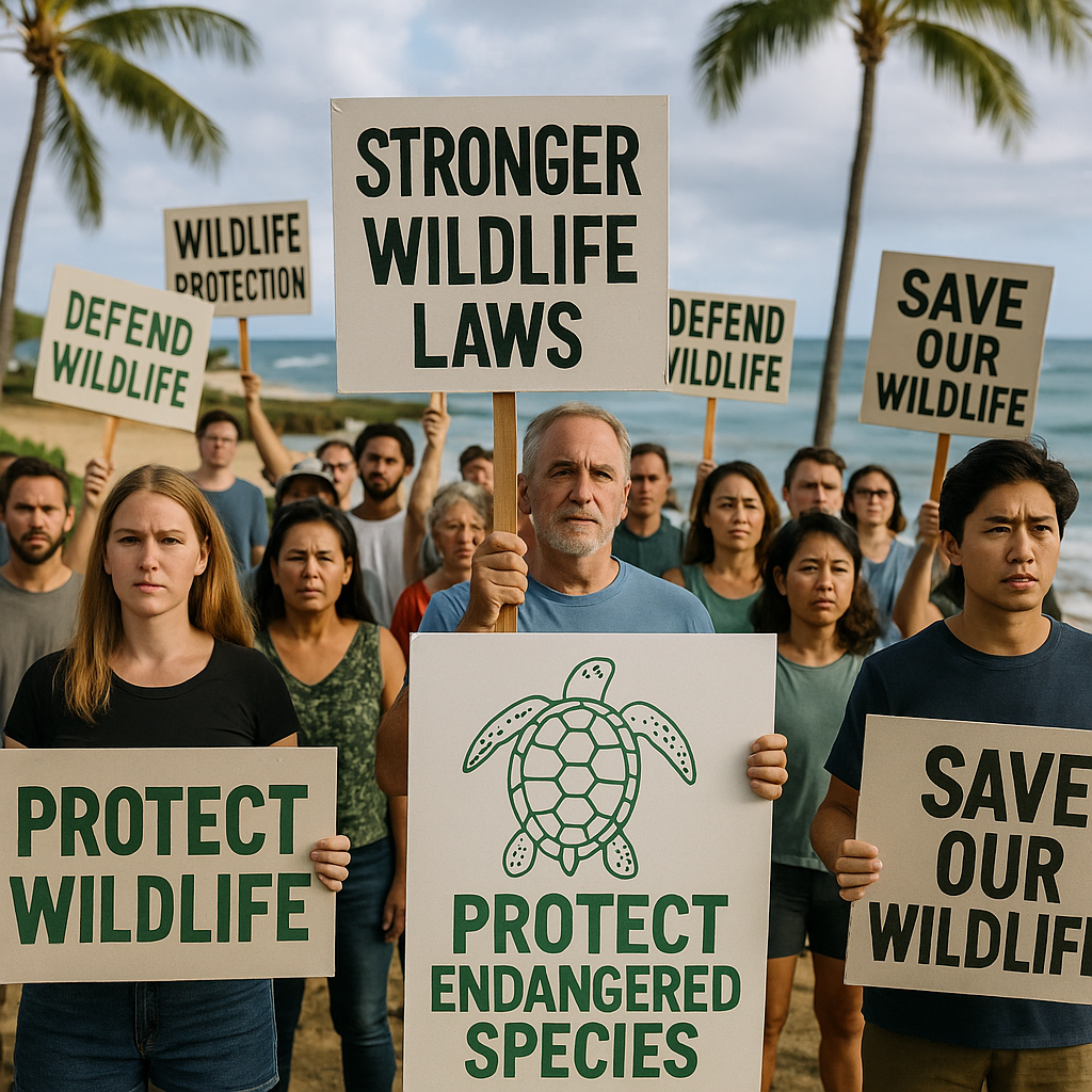 Protesters holding signs advocating for wildlife protection laws near a Hawaiian beach environment
