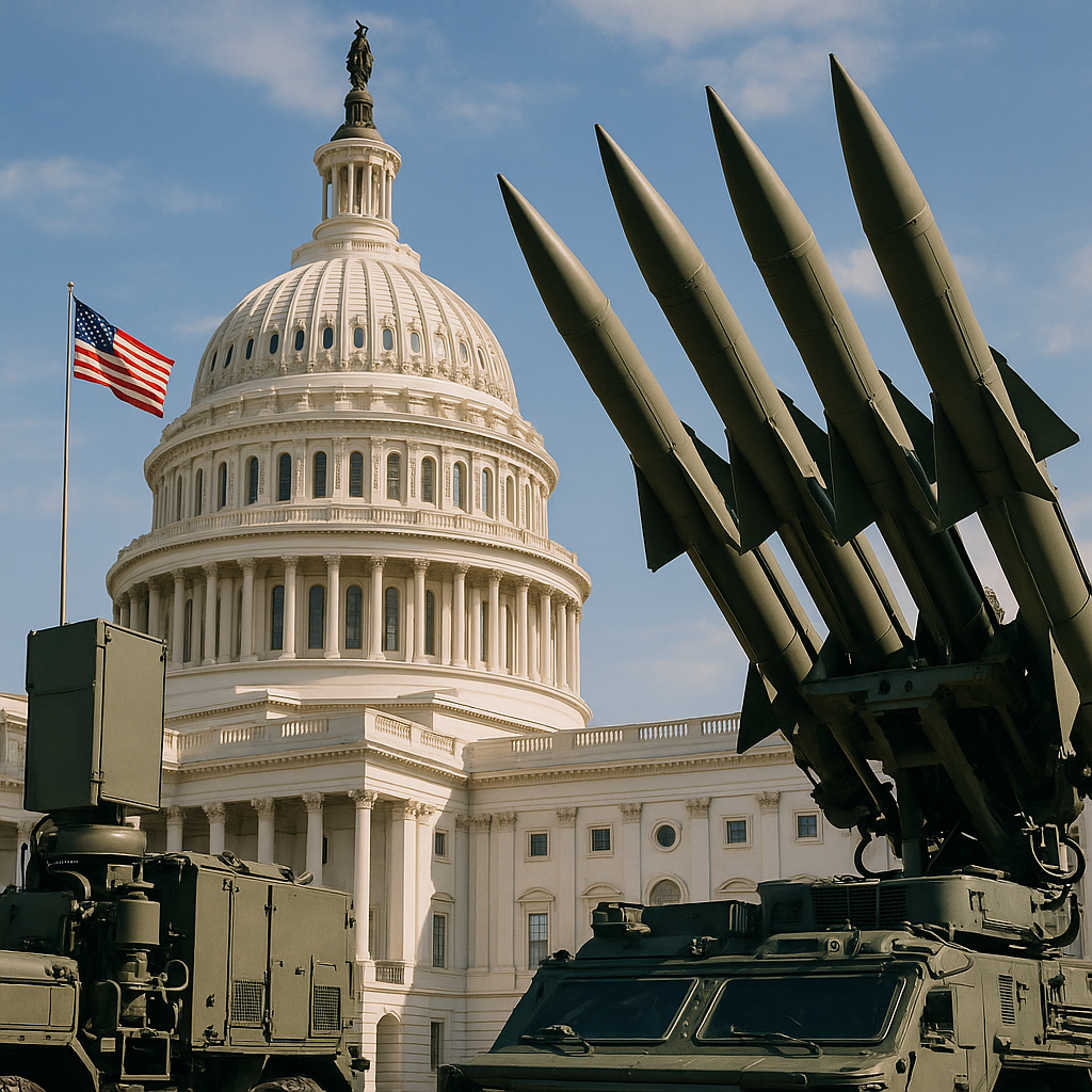 A patriotic banner featuring military equipment and the U.S. Capitol in the background