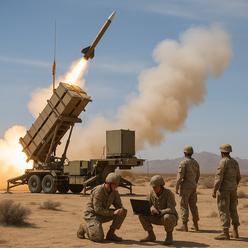 A PAC-3 missile launcher with soldiers conducting tests in a desert landscape