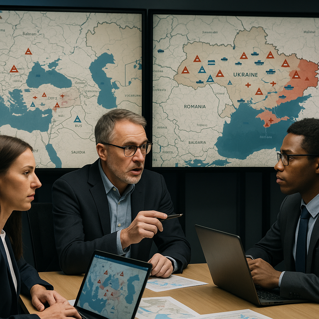 Analysts reviewing maps with conflict zones and military deployment markers