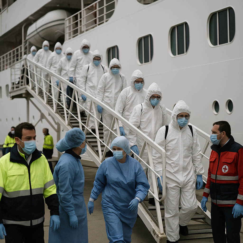 Evacuated passengers disembarking a ship for medical quarantine