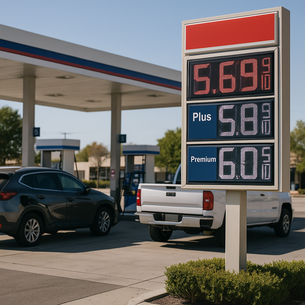 A gas station sign showing sharply increased fuel prices