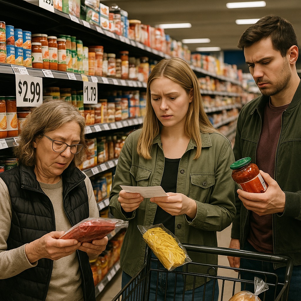 Shoppers in a grocery store looking at price labels