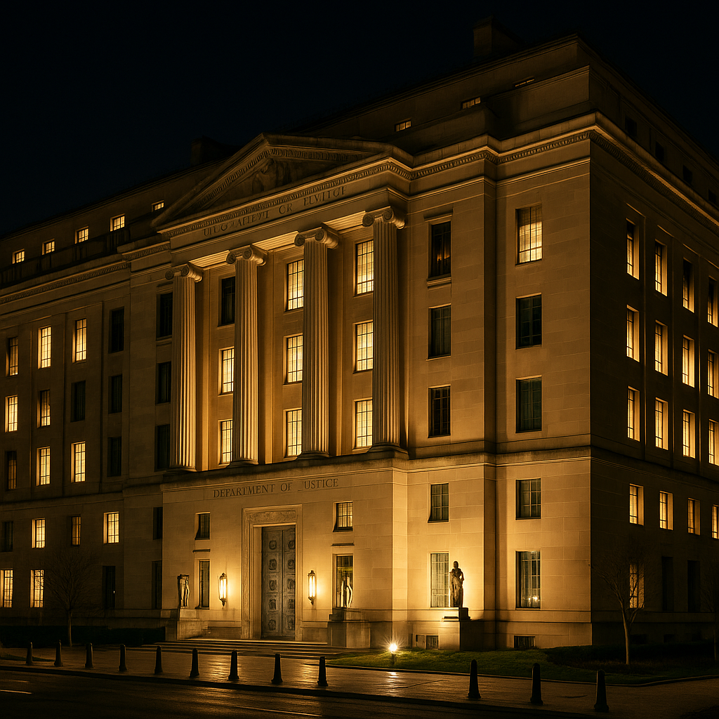 The Department of Justice building illuminated at night