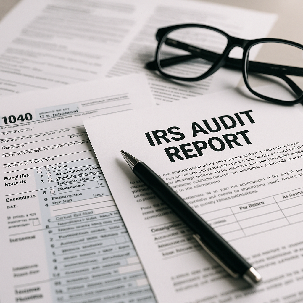 Close-up of tax documents and IRS audit reports on a desk