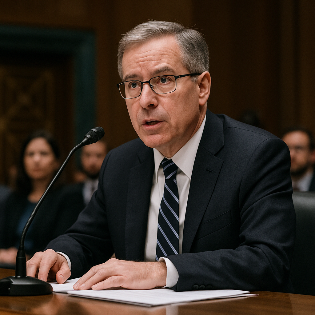 Close-up of a government official testifying before Congress, microphone on desk
