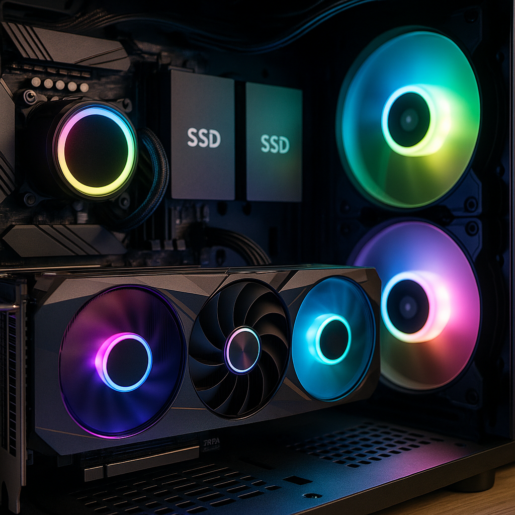 A PC gaming setup with highlighted components like a GPU and SSDs