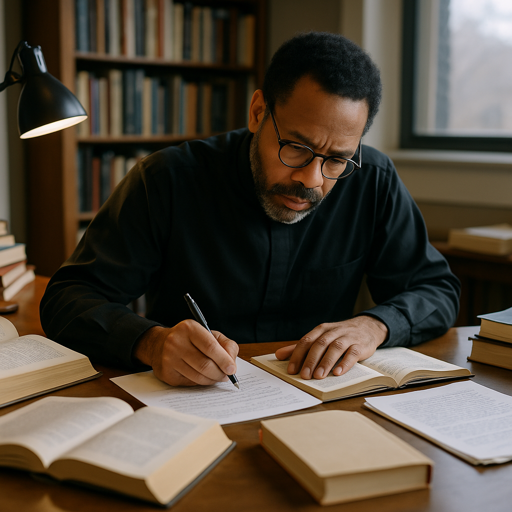 A theologian writing notes at a desk surrounded by religious texts