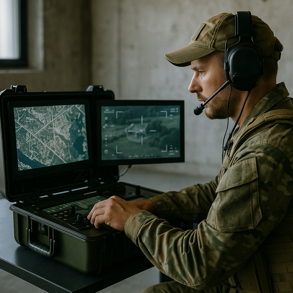 A drone operator preparing equipment in a military setting