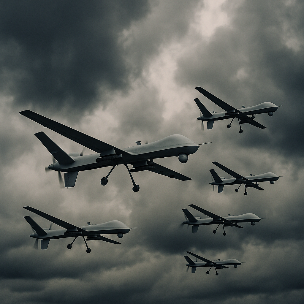 Military drones in flight, possibly over a cloudy sky