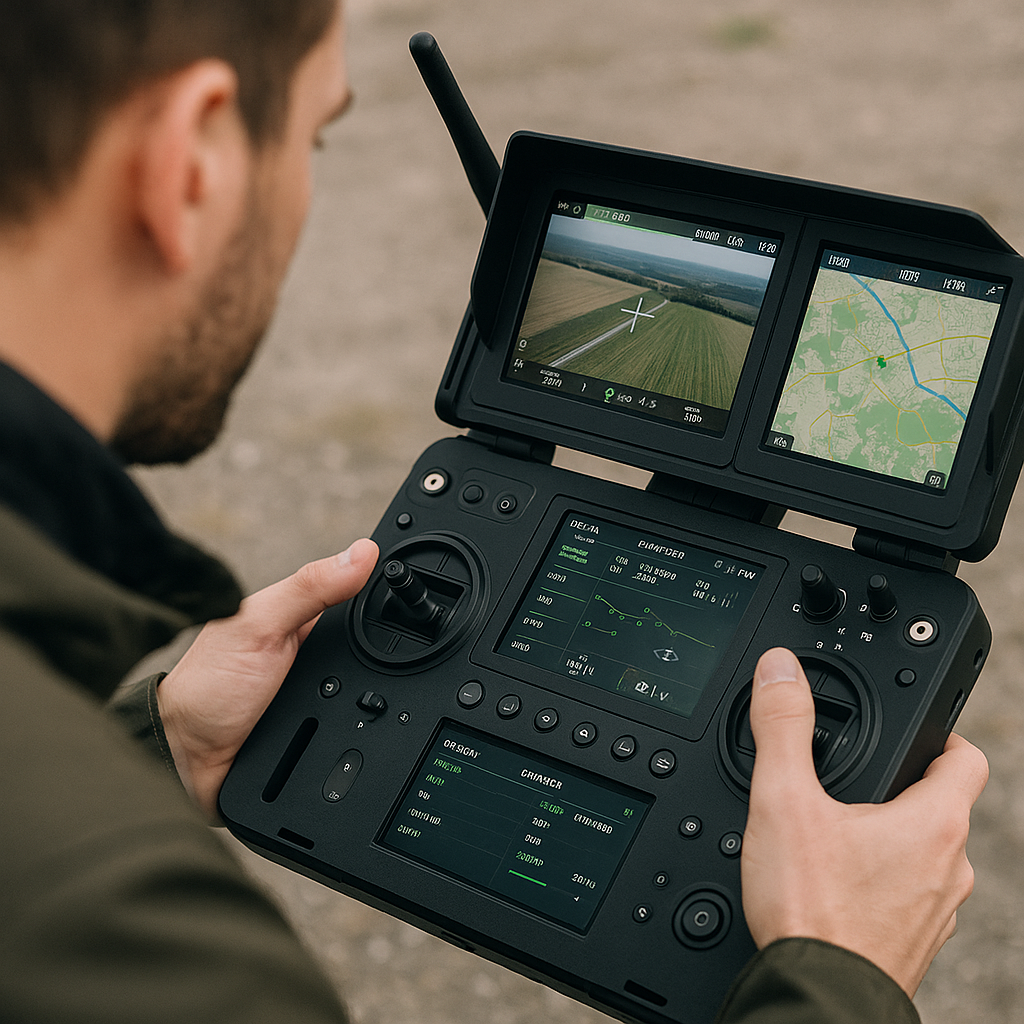 A close-up of a drone control station with live maps on the display