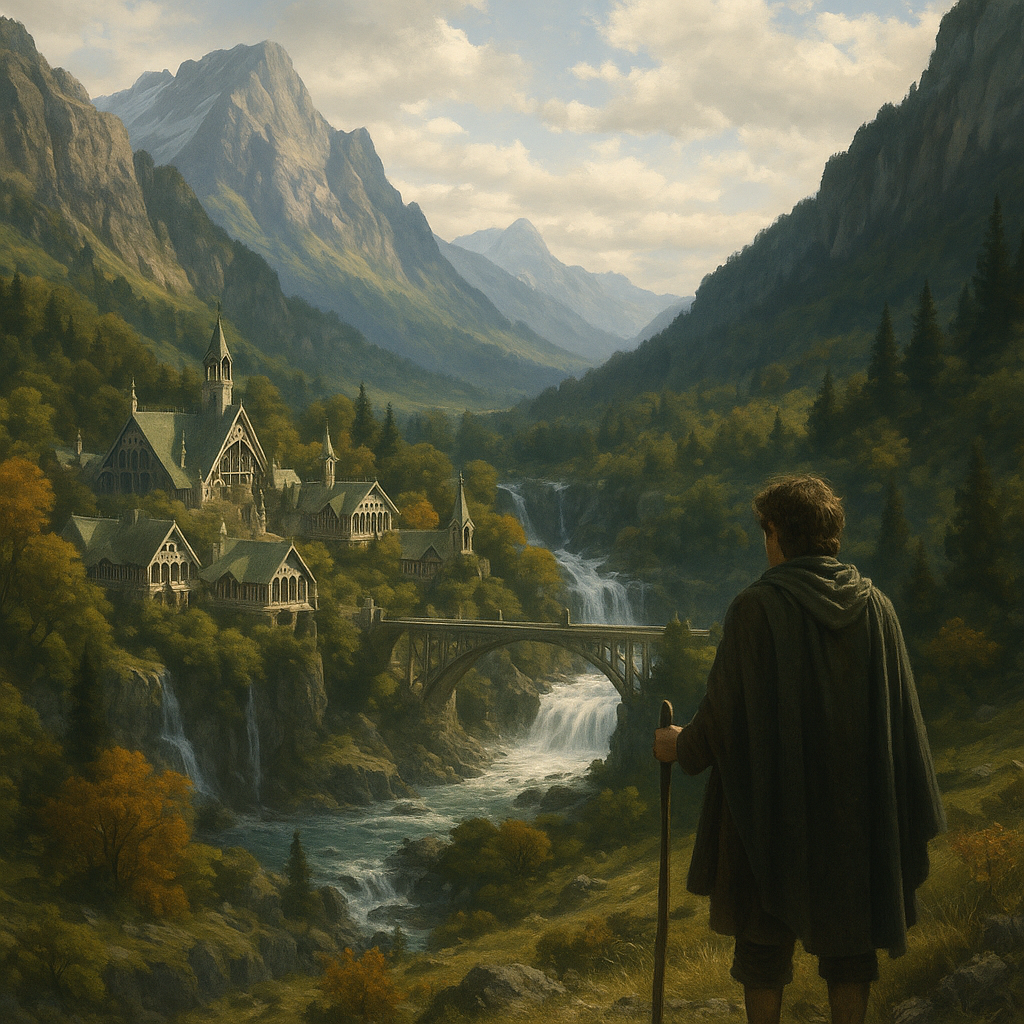 An artist's rendering of Middle-earth with iconic landmarks like Mount Doom and Rivendell