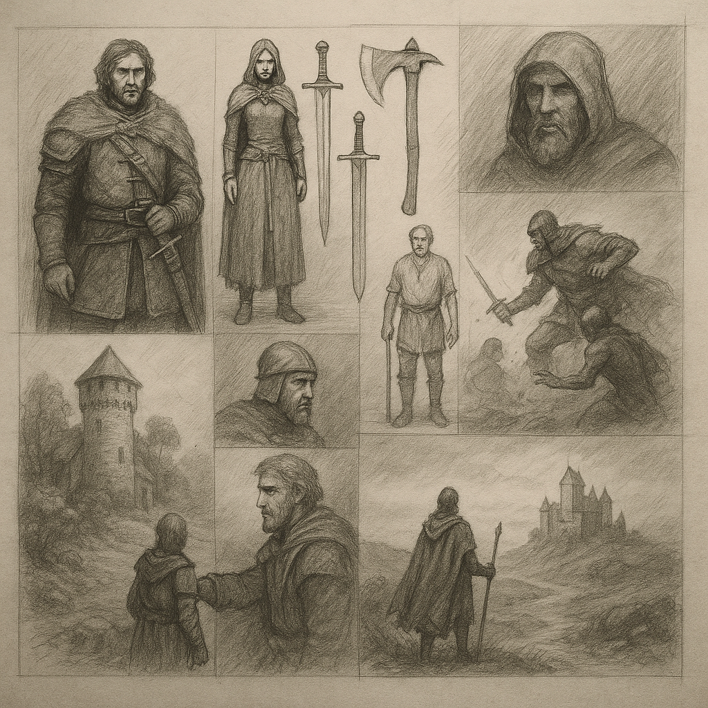 A design storyboard for medieval fantasy characters and environments