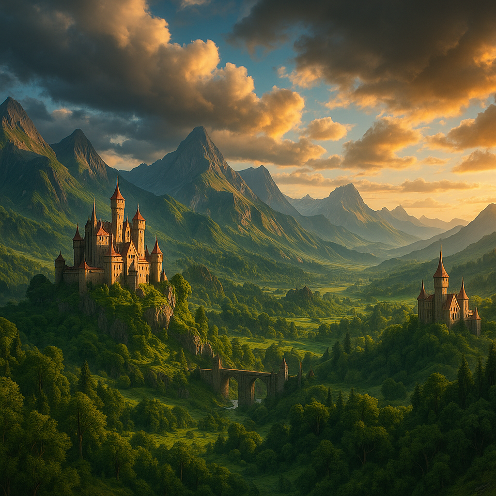 Vibrant fantasy world concept art with mountain ranges, forests, and castles