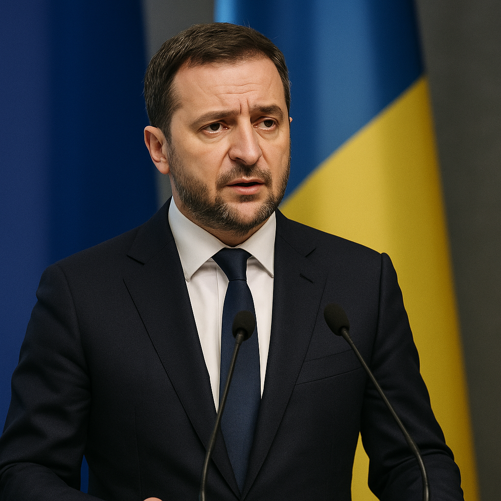 Ukrainian President Volodymyr Zelensky speaking at an international event