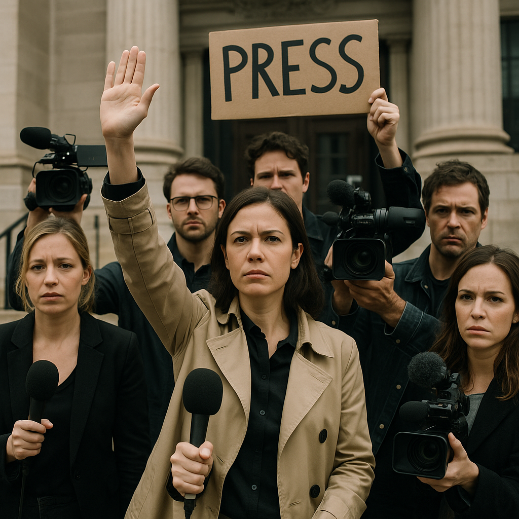 Journalists protesting near an official building, symbolizing freedom of the press