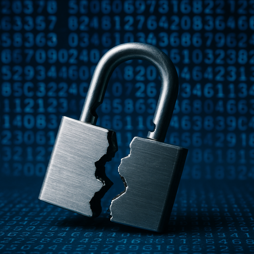 A symbolic representation of breached cybersecurity, such as a padlock on a broken chain or lines of code with a key overlay