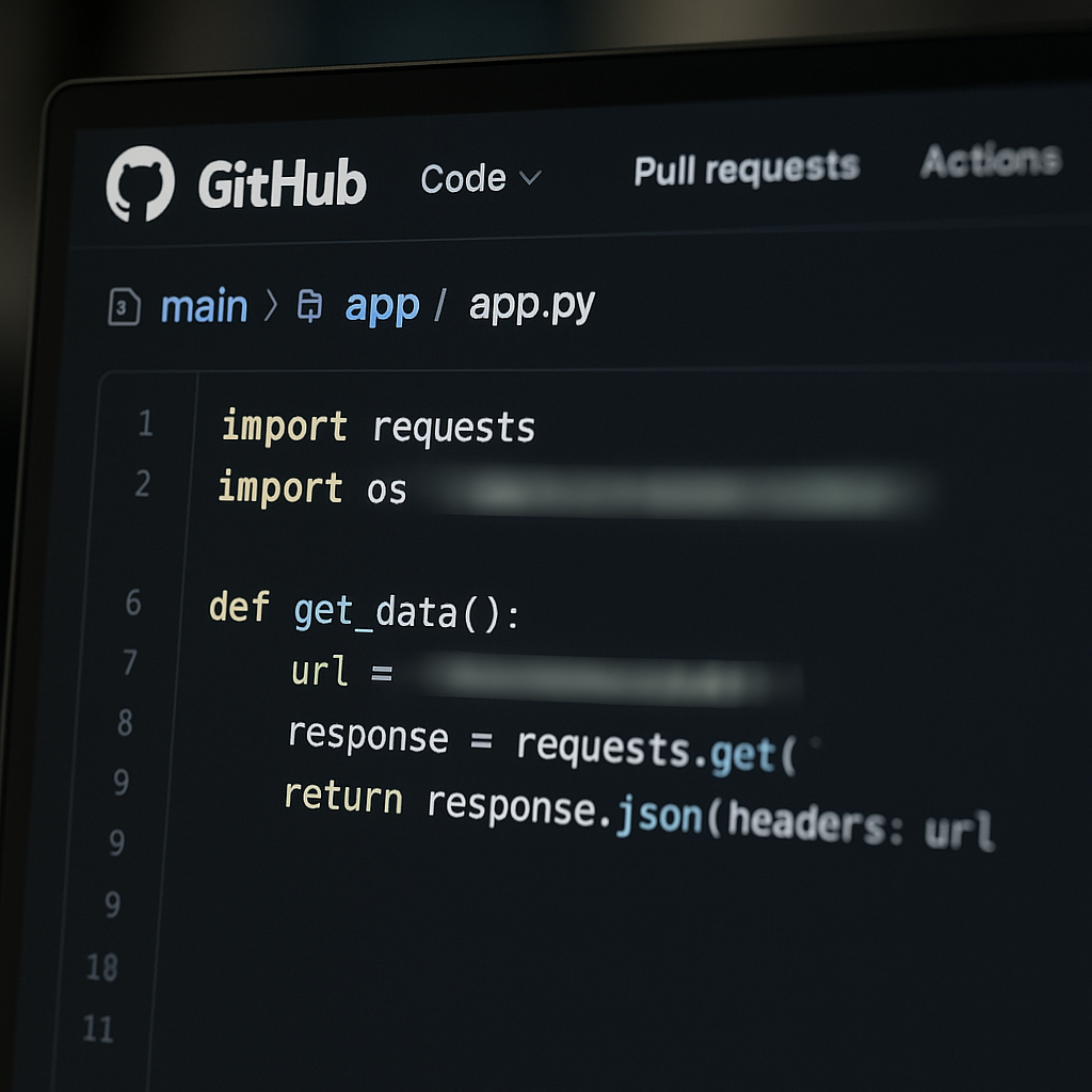 A visual of GitHub’s interface with a focus on an exposed repository, blurred out for security representation
