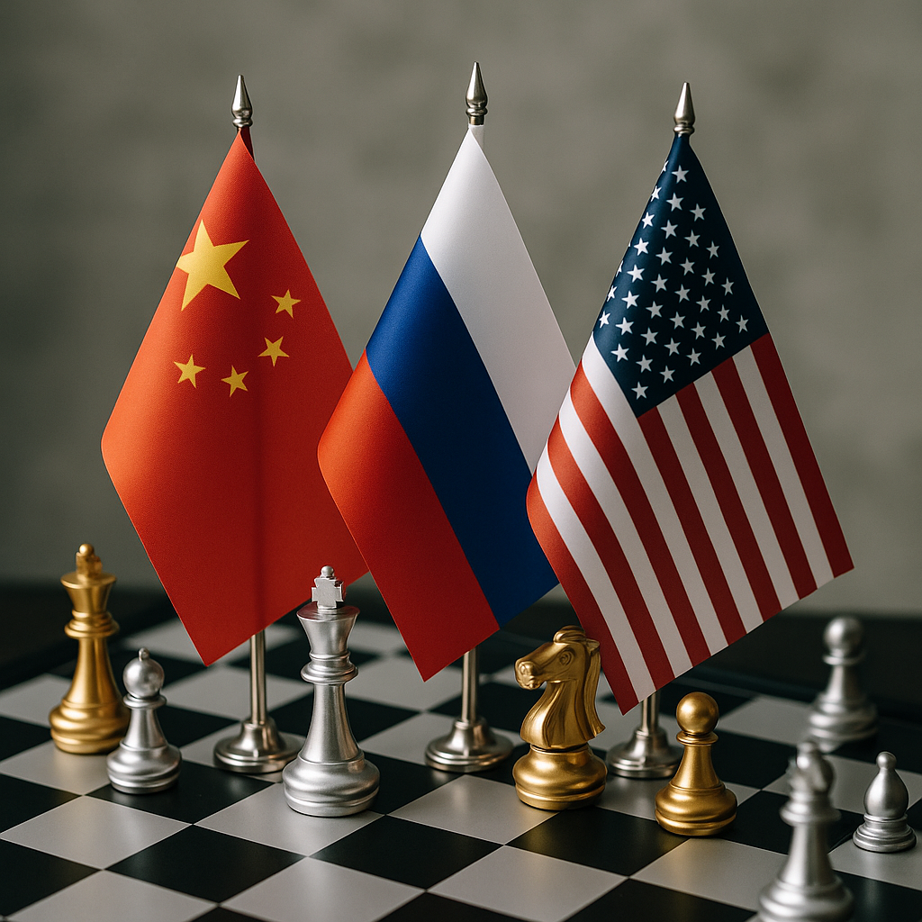 A symbolic graphic showing the flags of China, Russia, and the United States intertwined on a chessboard