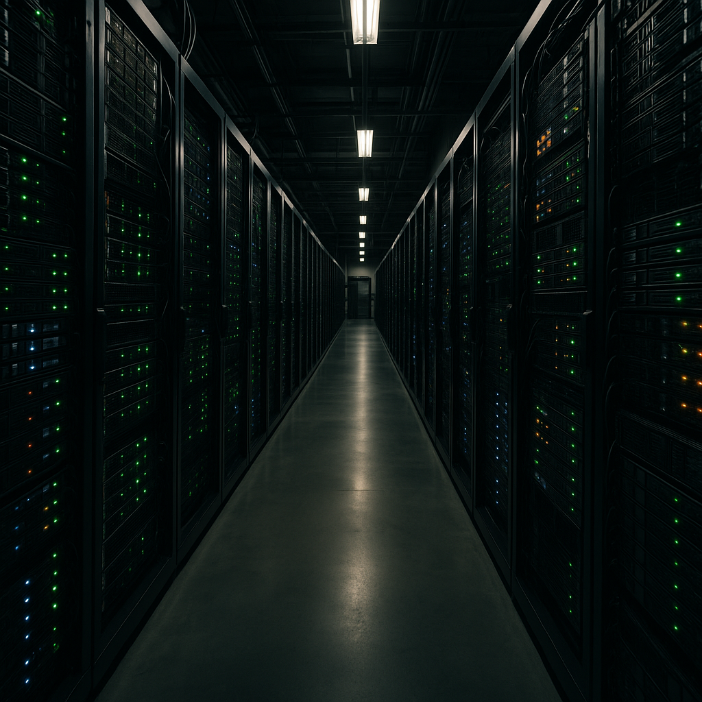 A row of servers in a dimly lit data center, emphasizing the scale and energy use of AI systems
