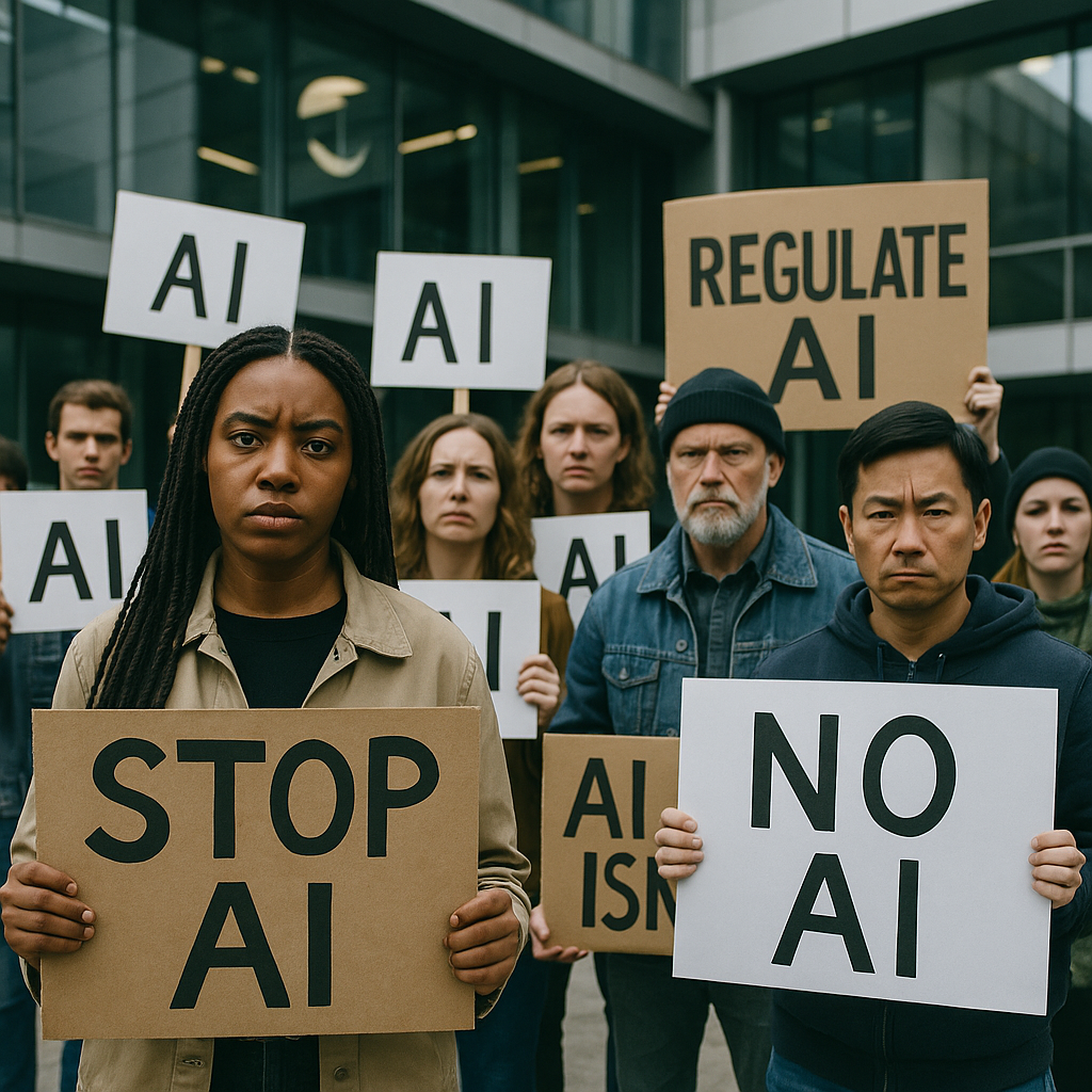 Protesters outside a tech company headquarters holding signs critical of AI development