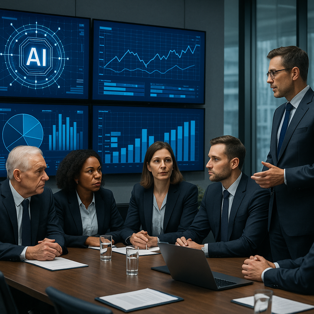 A high-tech corporate boardroom with AI-themed visuals on a digital screen