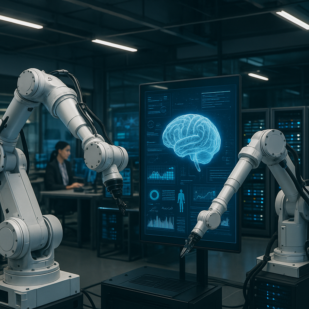 A research facility with robotic arms and AI servers prominently displayed