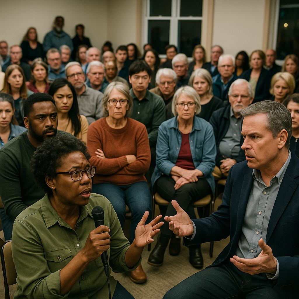 A heated town hall meeting with residents debating issues