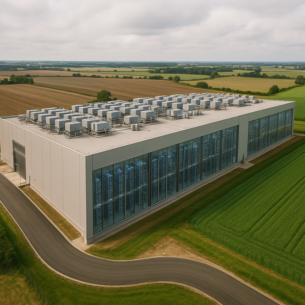A large data center surrounded by rural landscapes