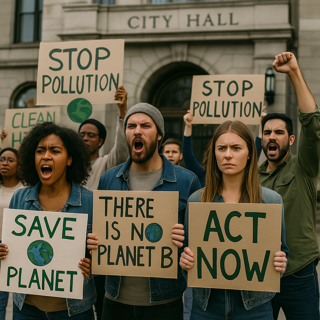 Protesters holding signs in front of city hall