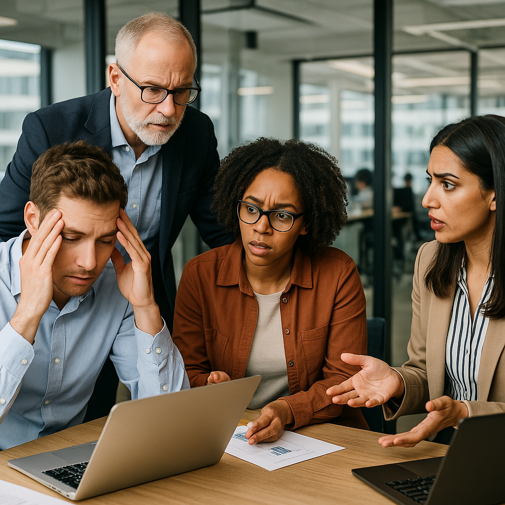 A group of professionals in an office expressing concern while looking at their computer screens.
