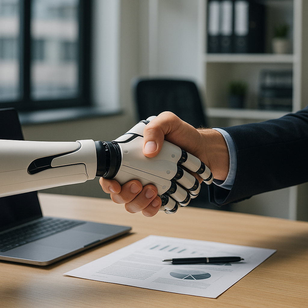 A concept image showing human hands and robotic hands shaking hands across a desk, symbolizing cooperation between people and AI.