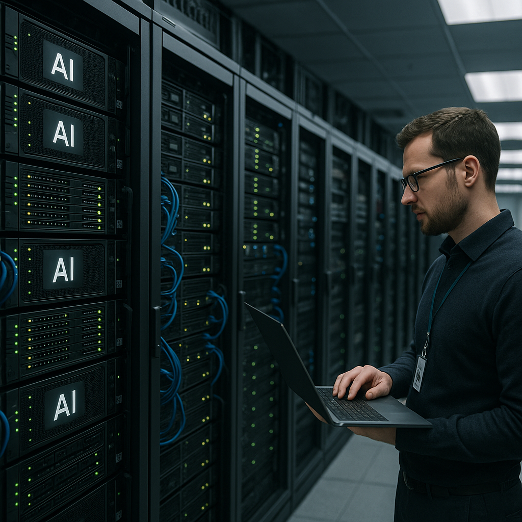 A tech developer standing in a server room surrounded by advanced AI hardware.