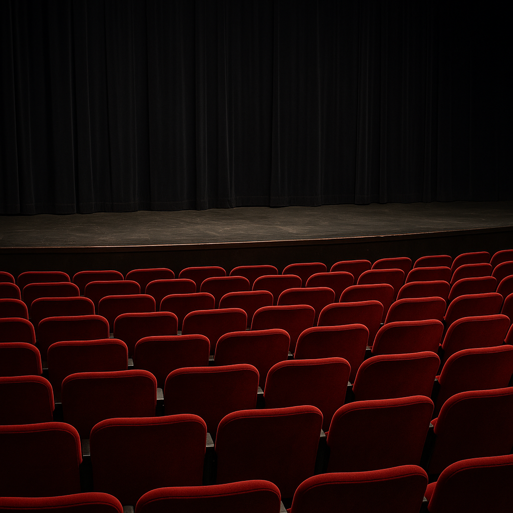 An empty theater stage with vacant red velvet seats, symbolizing decline in attendance