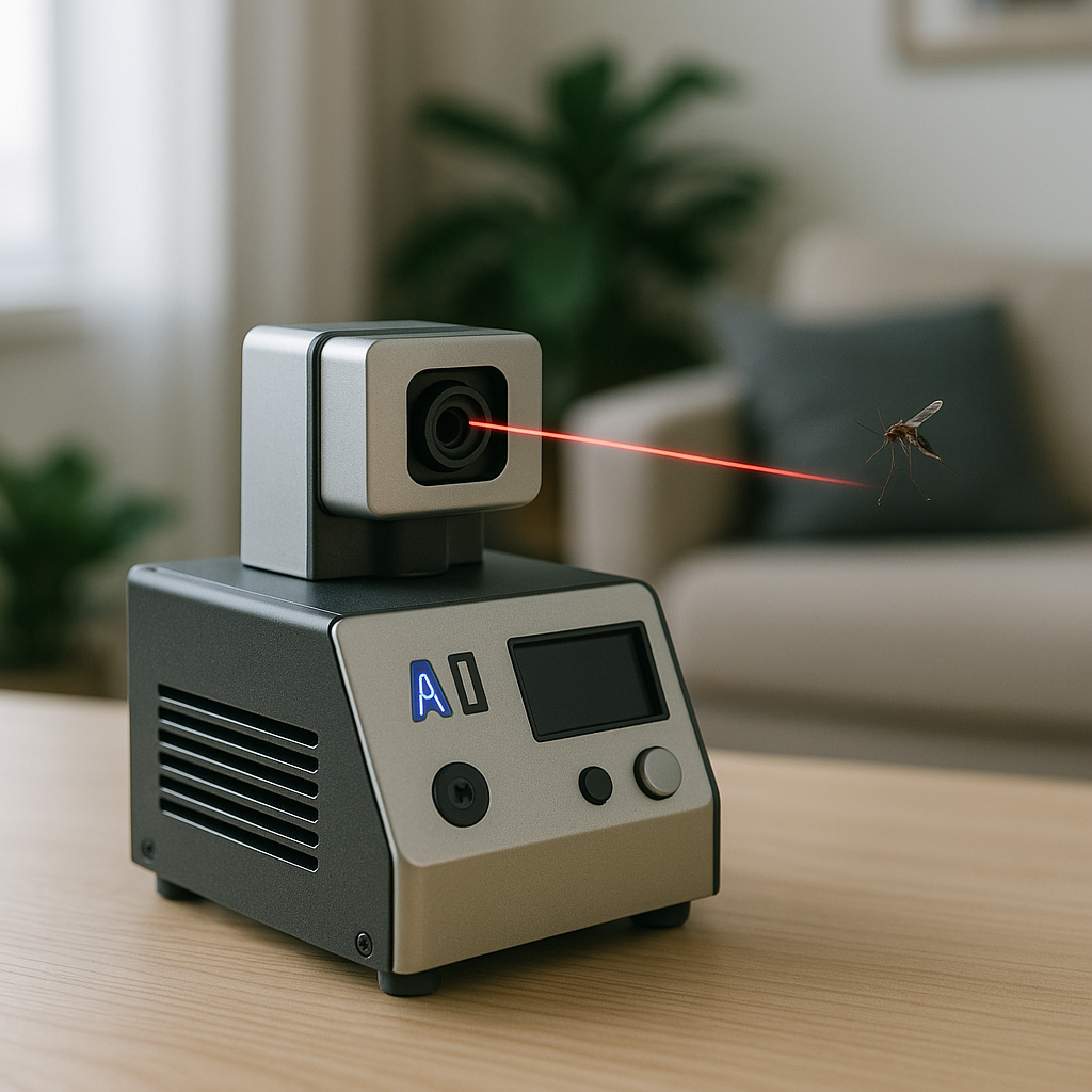 A detailed illustration of a small desktop AI-powered laser defense system aimed at targeting flying insects like mosquitoes in a modern home setting
