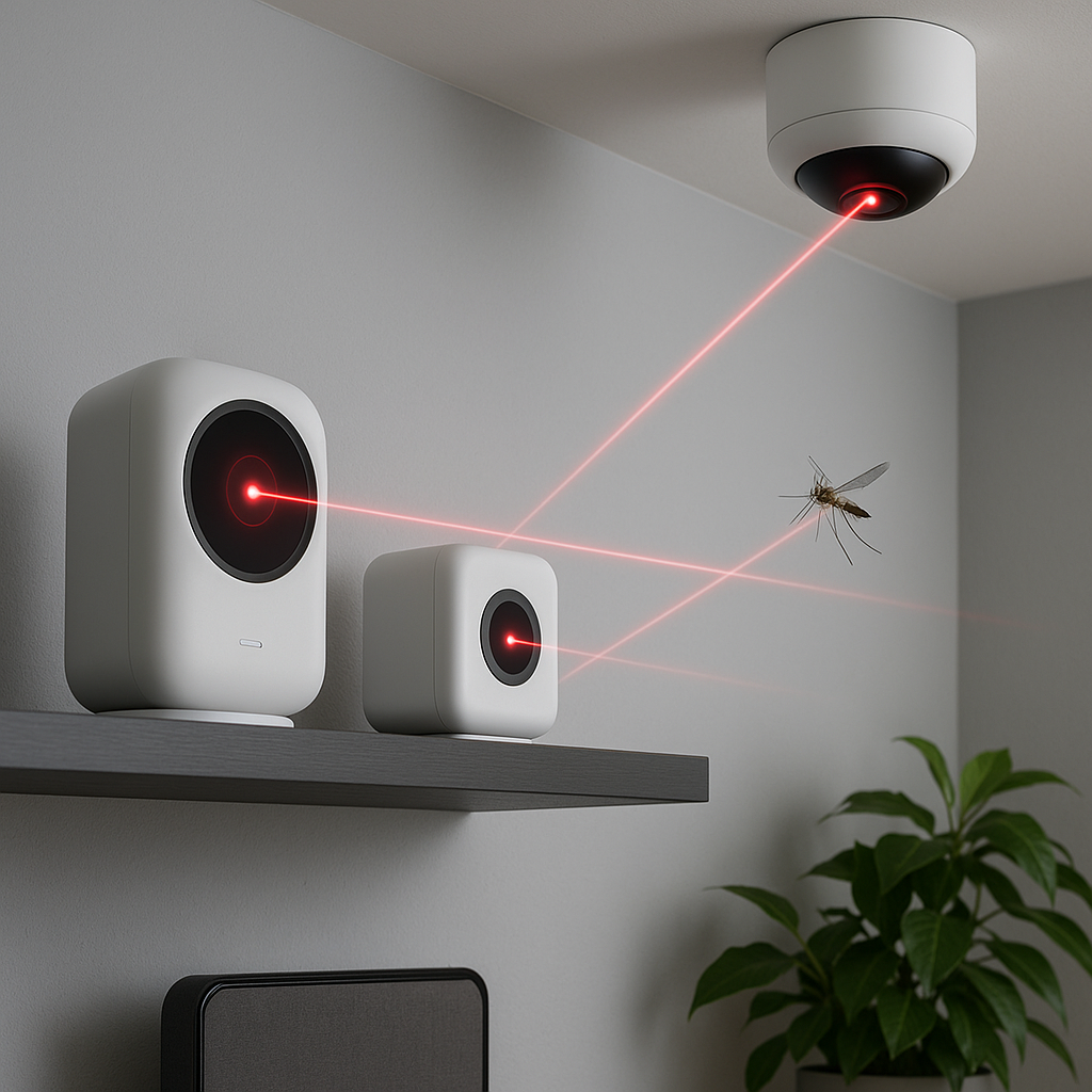 A cutting-edge smart home tech setup with laser devices installed on shelves and ceilings, demonstrating mosquito-targeting functionality