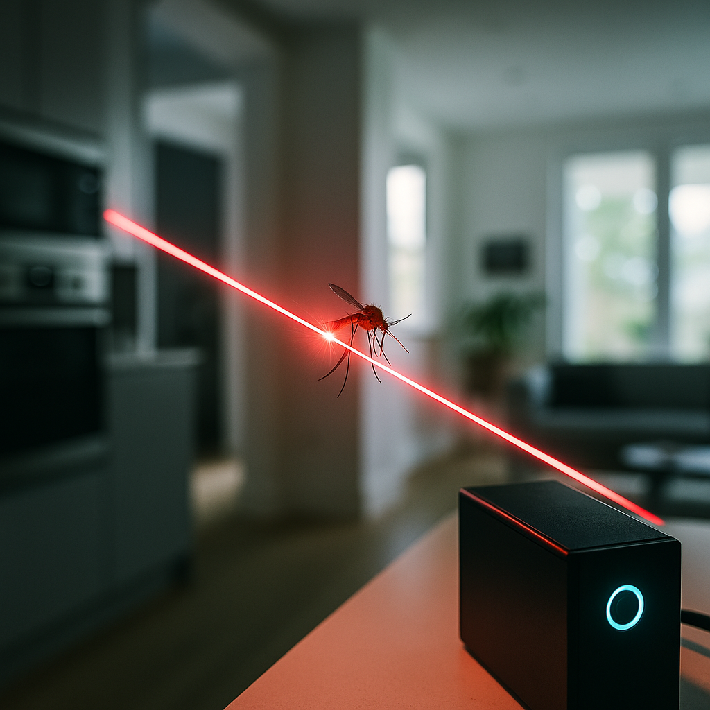 A futuristic visual of laser beams in action, targeting a mosquito in midair within a sophisticated, high-tech home environment