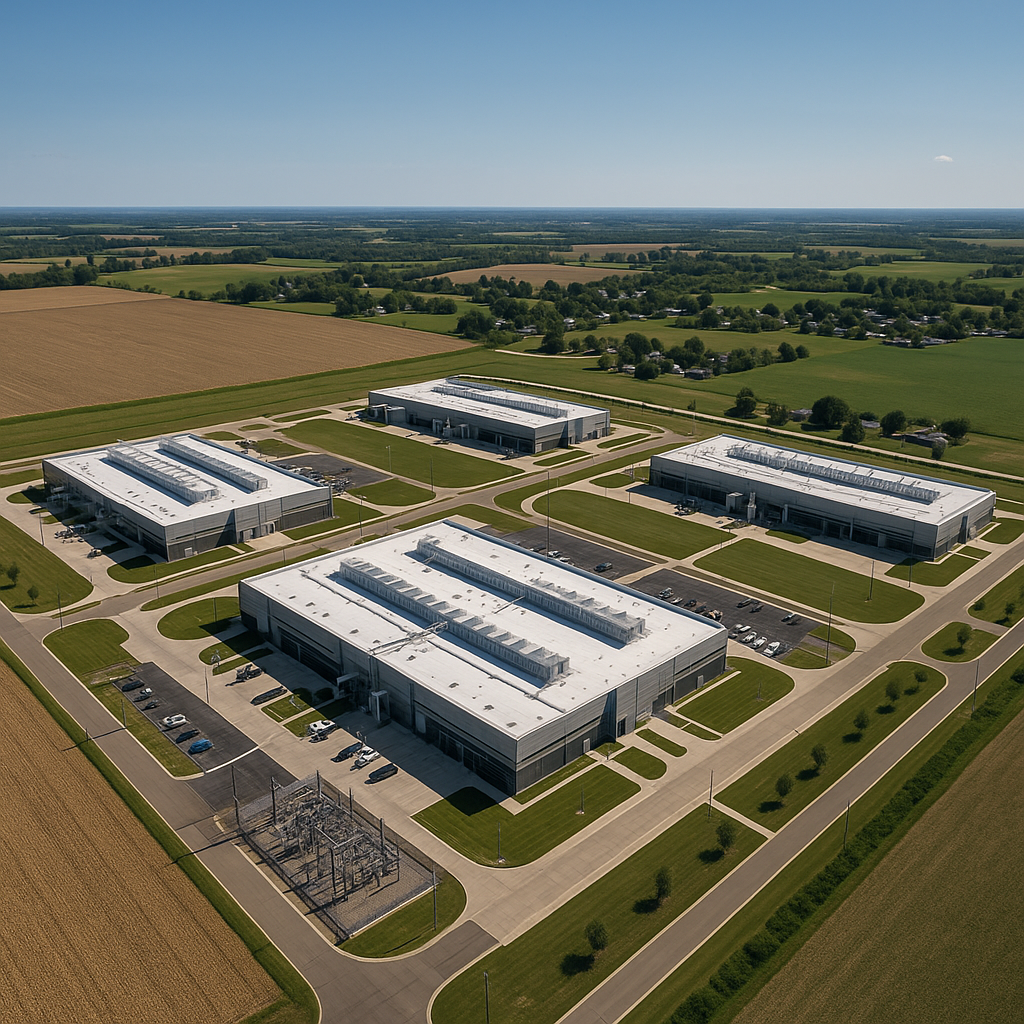 Aerial view of a sprawling data center complex with surrounding farmland