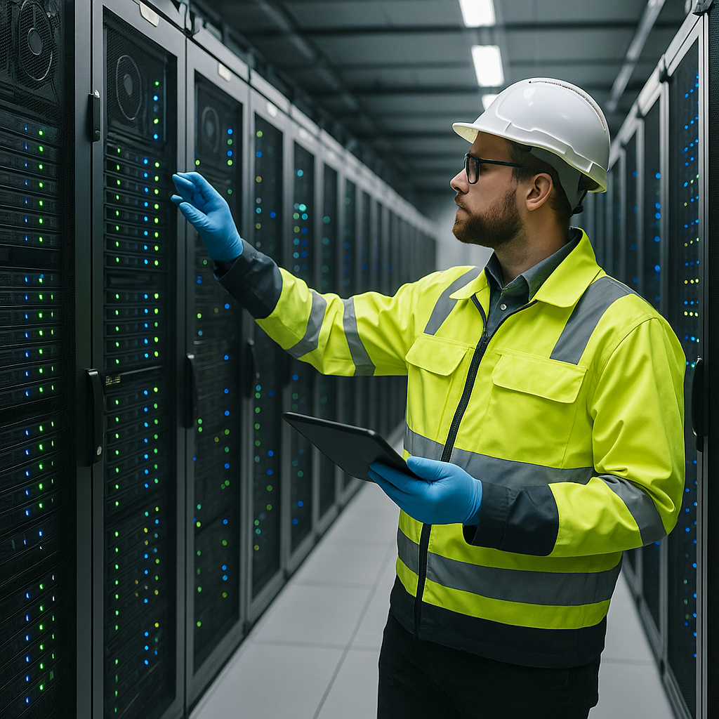 A technician inspecting rows of servers in a brightly lit data center interior