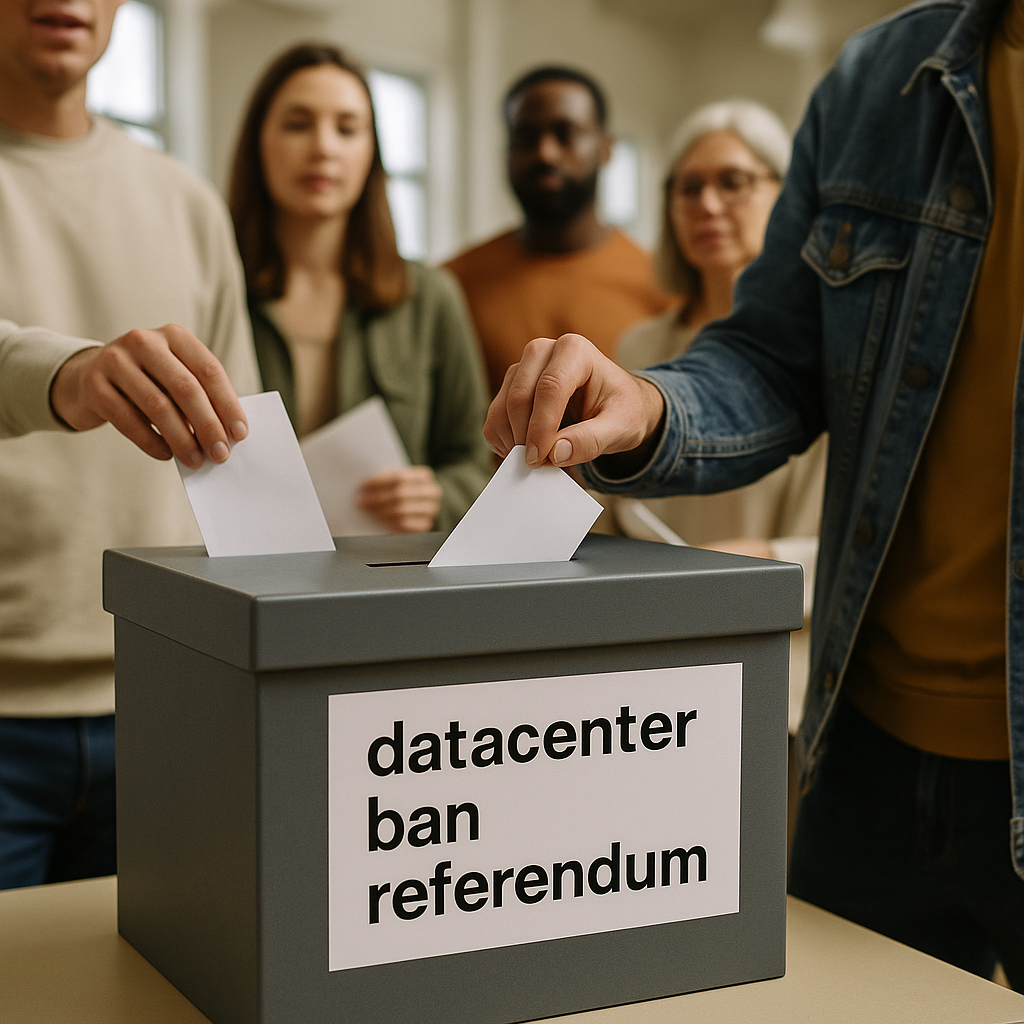 Close-up of a community ballot box with 'datacenter ban' branding