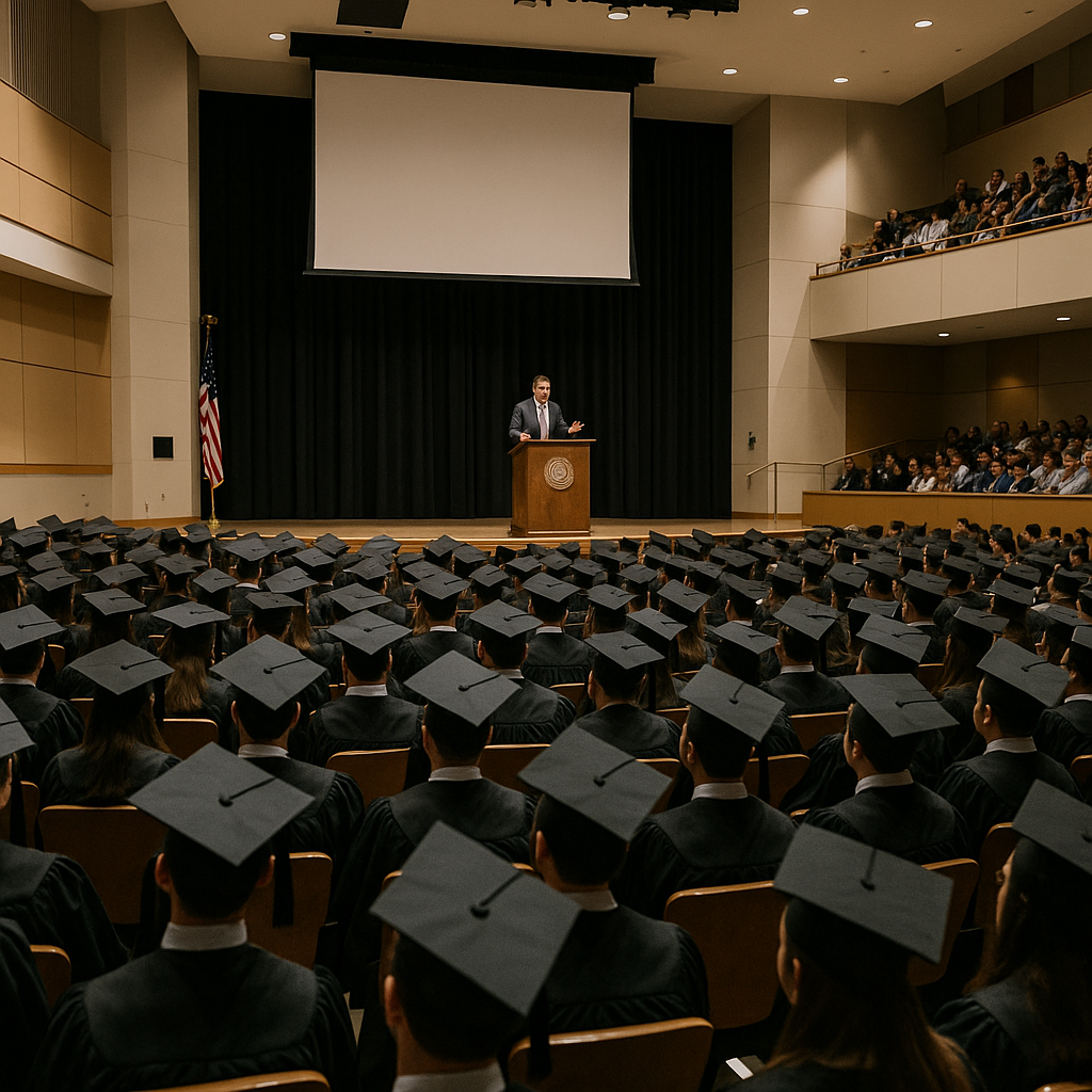 A packed auditorium of graduates listening to a commencement speech