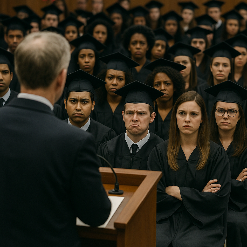 A tense moment during a commencement speech where the speaker faces audience backlash