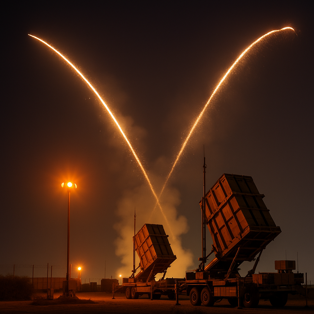 Military defense systems engaging incoming missiles at night