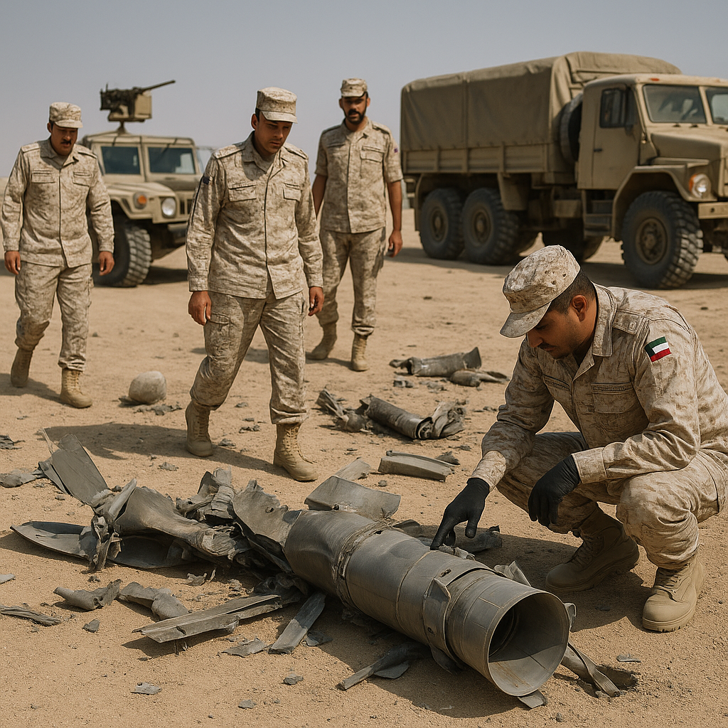 Kuwaiti army personnel inspecting debris of intercepted missiles