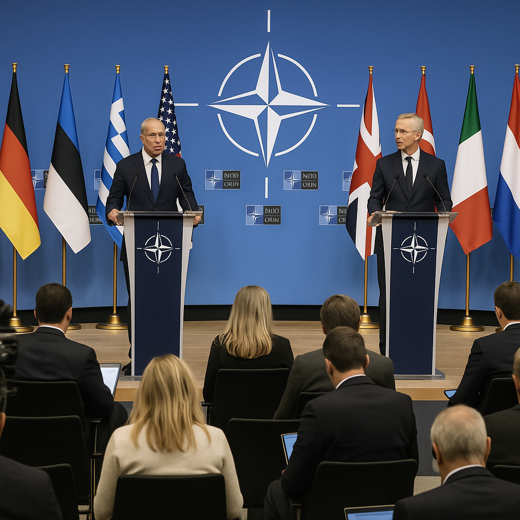 A high-level NATO press conference with officials at podiums