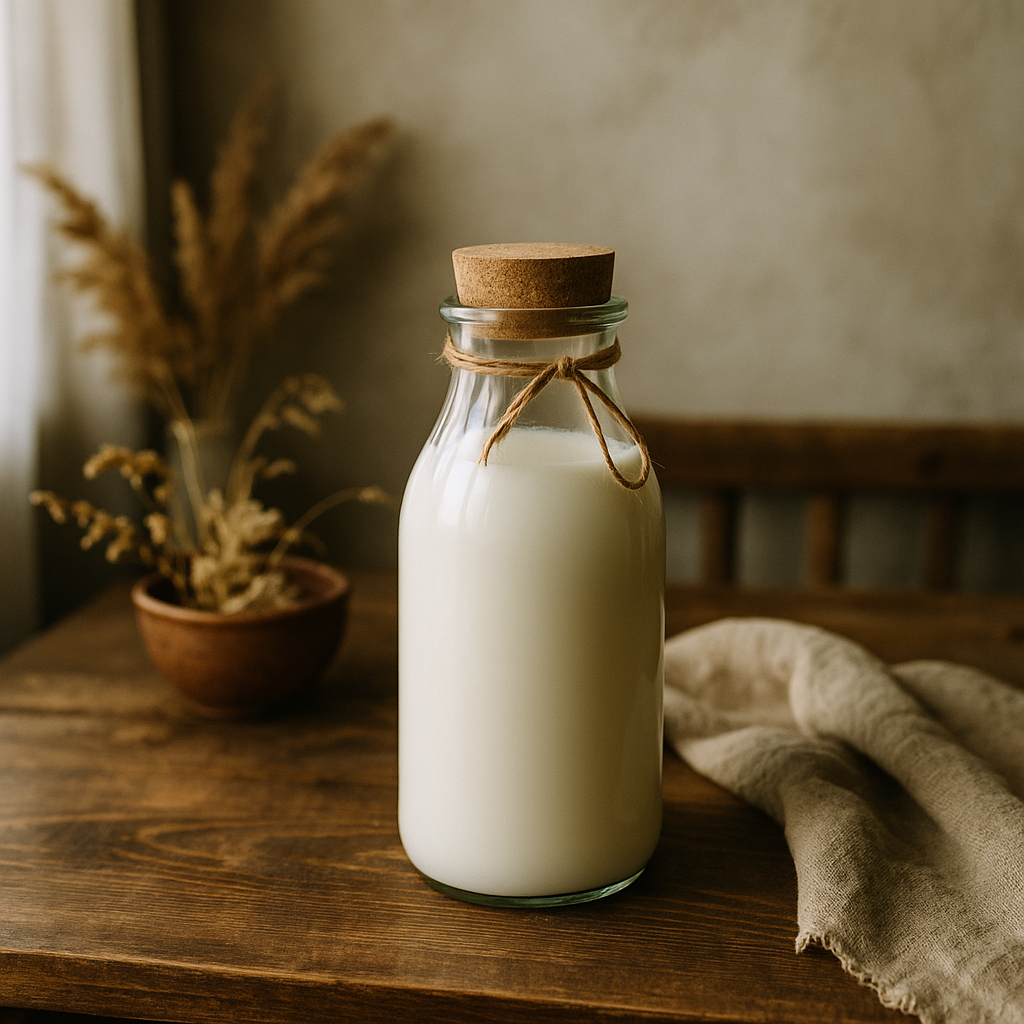A glass bottle of raw milk on a wooden table with rustic packaging